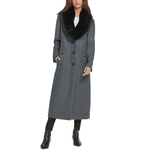 Dkny Jackets & Blazers - DKNY Faux Fur Collar Charcoal Maxi Coat P NWT